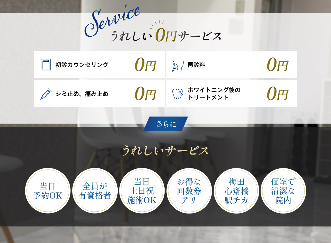 YCホワイトニング公式掲載の初診カウンセリング、再診料、しみ止め、施術後トリートメントなどのサービス案内